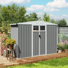 Outsunny 8 x 4 ft Metal Garden Shed, Garden Storage Shed with Window, 4 Vents and Lockable Door, Waterproof Galvanised Steel Tool Storage Shed, Light Grey - 8