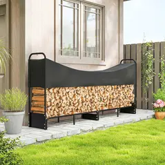 Outsunny 8.5ft Firewood Rack, Heavy Duty Log Storage Holder with Waterproof 600D Oxford Log Cover for Fireplace Fire Pits Outdoor Patio Wood Storage, 300 kg Large Capacity, Black - 2