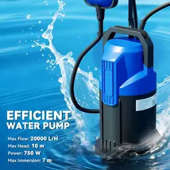 Outsunny 750W Submersible Water Pump for Dirty/Clean Water, 20000L/H Electric Sump Pump with Float Switch, Drain Water from Garden Pond, Hot Tub, Ditches, Portable and Lightweight - 4