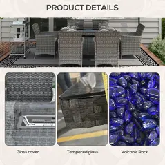 Outsunny 7 Pieces Outdoor Rattan Garden Furniture with Fire Pit Table, 6 Seater Garden Table and Chairs with Cushions, Rattan Dining Set with Propane Heater Table, Windscreen, 50,000 BTU, Grey - 7
