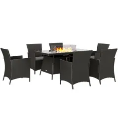 Outsunny 7 Pieces Outdoor Rattan Garden Furniture with Fire Pit Table, 6 Seater Garden Table and Chairs with Cushions, Rattan Dining Set with Propane Heater Table, Windscreen, 50,000 BTU, Black - 1