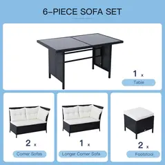 Outsunny 8-Seater Garden Rattan Furniture Rattan Corner Dining Sofa Set Wicker Conservatory Furniture Lawn Patio Coffee Table Foot Stool w/Cushion-Black - 7