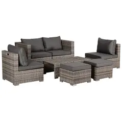 Outsunny 8 Pieces Rattan Garden Furniture Set, Garden Corner Sofa Set with 4 Chairs, 2 Footstools, 2 Coffee Tables and Cushions, Space-Saving Design, No Assembly Required, Grey - 1