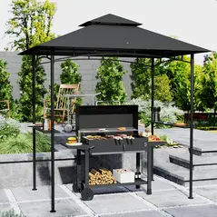 Outsunny 8' x 5' Grill Gazebo, Double Tiered BBQ Gazebo Shelter Canopy with LED Lights, 2 Side Shelves, Hooks, Dark Grey - 2