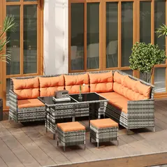 Outsunny 7-Seater Patio wicker Sofa Set Rattan Chair Furniture w/ Glass & Cushioned, Orange - 2