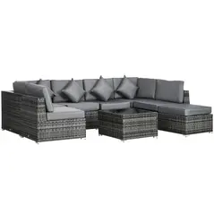 Outsunny 8 Pieces PE Rattan Corner Sofa Set, Outdoor Garden Furniture Set, Patio Wicker Sofa Seater w/ Cushion, Washable Cushion Cover & Tempered Glass Table, Grey - 1