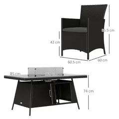 Outsunny 7 Pieces Outdoor Rattan Garden Furniture with Fire Pit Table, 6 Seater Garden Table and Chairs with Cushions, Rattan Dining Set with Propane Heater Table, Windscreen, 50,000 BTU, Black - 3