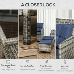 Outsunny 7-Seater Patio wicker Sofa Set Rattan Chair Furniture w/ Glass & Cushioned, Dark Blue - 6