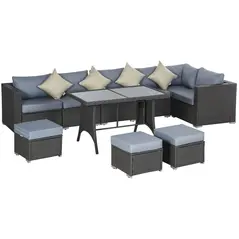 Outsunny 9-Seater Garden Rattan Furniture 10 Pcs Rattan Corner Dining Sofa Set, Grey/Dusty Blue Cushion - 1