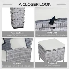 Outsunny 6-Seater Rattan Dining Set Sofa Table Footstool Outdoor w/ Cushion Garden Furniture - 6