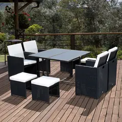 Outsunny 8 Seater Rattan Cube Garden Furniture Set, Rattan Dining Set with Cushions, Outdoor Dining Table and Chairs with 4 Armchairs, 4 Stools, Square Glass Top Table, Black - 2