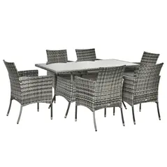 Outsunny 7-Piece Rattan Garden Furniture Set with Cushions, 6 Seater Garden Table and Chairs, Rattan Dining Set with 6 Armchairs, Rectangular Glass Top Table, Grey - 1