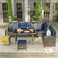 Outsunny 7-Seater Patio wicker Sofa Set Rattan Chair Furniture w/ Glass & Cushioned, Dark Blue - 2