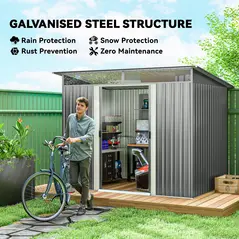 Outsunny 9ft x 6.5ft Garden Storage Shed with Top Window, Metal Outdoor Shed Tool House with Double Doors, Light Grey - 4