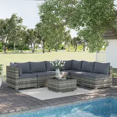 Outsunny 7 Pieces Outdoor PE Rattan Corner Sofa Set, Patio Wicker Conversation Chaise Lounge Furniture w/ Tempered Glass Table-top & Soft Padded Cushion for Garden, Backyard, Lawn, Dark Grey - 2