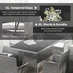 Outsunny 7-Piece Rattan Garden Furniture Set with Cushions, 6 Seater Garden Table and Chairs, Rattan Dining Set with 6 Armchairs, Rectangular Glass Top Table, Charcoal Grey - 6
