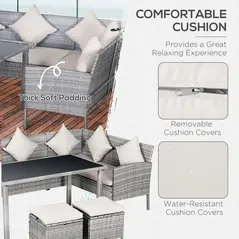 Outsunny 6-Seater Rattan Dining Set Sofa Table Footstool Outdoor w/ Cushion Garden Furniture - 5