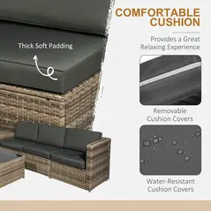Outsunny 8 Pieces Outdoor PE Rattan Sofa Set with Cushions, Patio Garden Furniture Sets with Glass Top Coffee Table, Storage Corner Table, Mixed Brown - 5