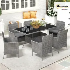 Outsunny 7-Piece Rattan Garden Furniture Set with Cushions, 6 Seater Garden Table and Chairs, Rattan Dining Set with 6 Armchairs, Rectangular Glass Top Table, Charcoal Grey - 9