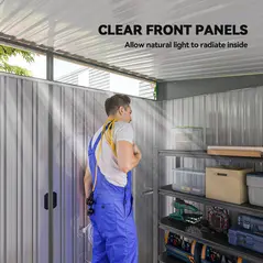 Outsunny 9ft x 6.5ft Garden Storage Shed with Top Window, Metal Outdoor Shed Tool House with Double Doors, Light Grey - 6