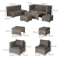 Outsunny 8 Pieces Rattan Garden Furniture Set, Garden Corner Sofa Set with 4 Chairs, 2 Footstools, 2 Coffee Tables and Cushions, Space-Saving Design, No Assembly Required, Grey - 3