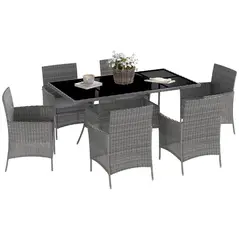 Outsunny 7-Piece Rattan Garden Furniture Set with Cushions, 6 Seater Garden Table and Chairs, Rattan Dining Set with 6 Armchairs, Rectangular Glass Top Table, Charcoal Grey - 1