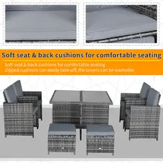 Outsunny 8-Seater Rattan Dining Set Garden Furniture Cushion Seat Woven Rattan Grey - 7
