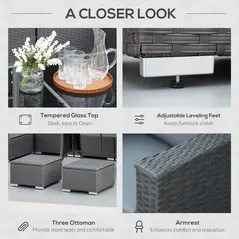 Outsunny 9-Seater Garden Rattan Furniture 10 Pcs Rattan Corner Dining Sofa Set, Grey/Dusty Blue Cushion - 6