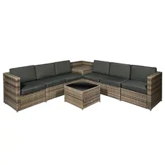 Outsunny 8 Pieces Outdoor PE Rattan Sofa Set with Cushions, Patio Garden Furniture Sets with Glass Top Coffee Table, Storage Corner Table, Mixed Brown - 1