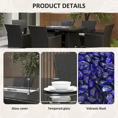 Outsunny 7 Pieces Outdoor Rattan Garden Furniture with Fire Pit Table, 6 Seater Garden Table and Chairs with Cushions, Rattan Dining Set with Propane Heater Table, Windscreen, 50,000 BTU, Black - 7