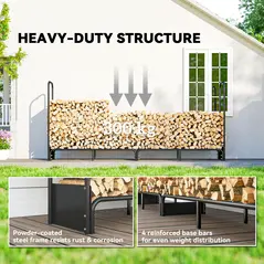 Outsunny 8.5ft Firewood Rack, Heavy Duty Log Storage Holder with Waterproof 600D Oxford Log Cover for Fireplace Fire Pits Outdoor Patio Wood Storage, 300 kg Large Capacity, Black - 4