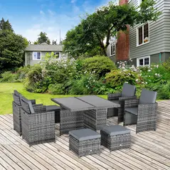 Outsunny 8-Seater Rattan Dining Set Garden Furniture Cushion Seat Woven Rattan Grey - 2