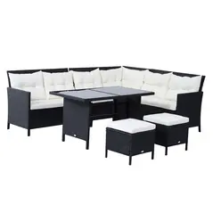 Outsunny 8-Seater Garden Rattan Furniture Rattan Corner Dining Sofa Set Wicker Conservatory Furniture Lawn Patio Coffee Table Foot Stool w/Cushion-Black - 1