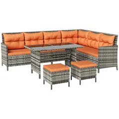Outsunny 7-Seater Patio wicker Sofa Set Rattan Chair Furniture w/ Glass & Cushioned, Orange - 1