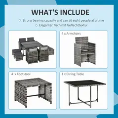 Outsunny 8-Seater Rattan Furniture Set Wicker Weave Patio Dining Table Seat - 5