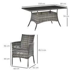 Outsunny 7-Piece Rattan Garden Furniture Set with Cushions, 6 Seater Garden Table and Chairs, Rattan Dining Set with 6 Armchairs, Rectangular Glass Top Table, Grey - 3