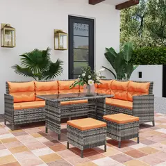 Outsunny 7-Seater Patio wicker Sofa Set Rattan Chair Furniture w/ Glass & Cushioned, Orange - 7