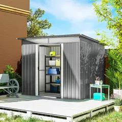 Outsunny 9ft x 6.5ft Garden Storage Shed with Top Window, Metal Outdoor Shed Tool House with Double Doors, Light Grey - 2