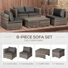 Outsunny 8 Pieces Rattan Garden Furniture Set, Garden Corner Sofa Set with 4 Chairs, 2 Footstools, 2 Coffee Tables and Cushions, Space-Saving Design, No Assembly Required, Grey - 4