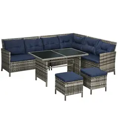 Outsunny 7-Seater Patio wicker Sofa Set Rattan Chair Furniture w/ Glass & Cushioned, Dark Blue - 1