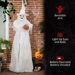 Outsunny 74 Inch Halloween Decorations White Witch Holding Pumpkin Head, Standing Skeleton Ghost Prop Life Size with Light Up Eyes and Body - 6