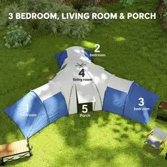 Outsunny 6-9 Man Tent with Bedrooms and Living Room, Accessories Included, Blue - 4