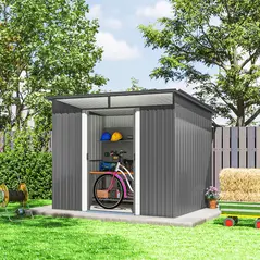 Outsunny 9ft x 6.5ft Garden Storage Shed with Top Window, Metal Outdoor Shed Tool House with Double Doors, Light Grey - 7
