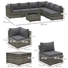 Outsunny 7 Pieces Outdoor PE Rattan Corner Sofa Set, Patio Wicker Conversation Chaise Lounge Furniture w/ Tempered Glass Table-top & Soft Padded Cushion for Garden, Backyard, Lawn, Dark Grey - 3
