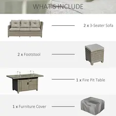 Outsunny 8-Seater Outdoor PE Rattan Sofa Set Conversation Set w/ Fire Pit Table, L-Shape Sofa, Footstool and Furniture Cover - 4