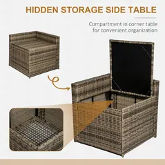 Outsunny 8 Pieces Outdoor PE Rattan Sofa Set with Cushions, Patio Garden Furniture Sets with Glass Top Coffee Table, Storage Corner Table, Mixed Brown - 8