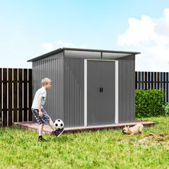 Outsunny 9ft x 6.5ft Garden Storage Shed with Top Window, Metal Outdoor Shed Tool House with Double Doors, Light Grey - 9