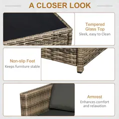 Outsunny 8 Pieces Outdoor PE Rattan Sofa Set with Cushions, Patio Garden Furniture Sets with Glass Top Coffee Table, Storage Corner Table, Mixed Brown - 7