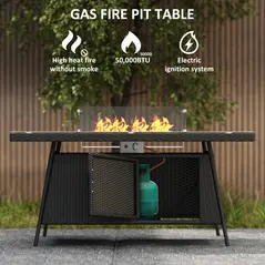 Outsunny 7 Pieces Outdoor Rattan Garden Furniture with Fire Pit Table, 6 Seater Garden Table and Chairs with Cushions, Rattan Dining Set with Propane Heater Table, Windscreen, 50,000 BTU, Black - 6