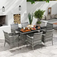 Outsunny 7-Piece Rattan Garden Furniture Set with Cushions, 6 Seater Garden Table and Chairs, Rattan Dining Set with 6 Armchairs, Rectangular Glass Top Table, Grey - 2